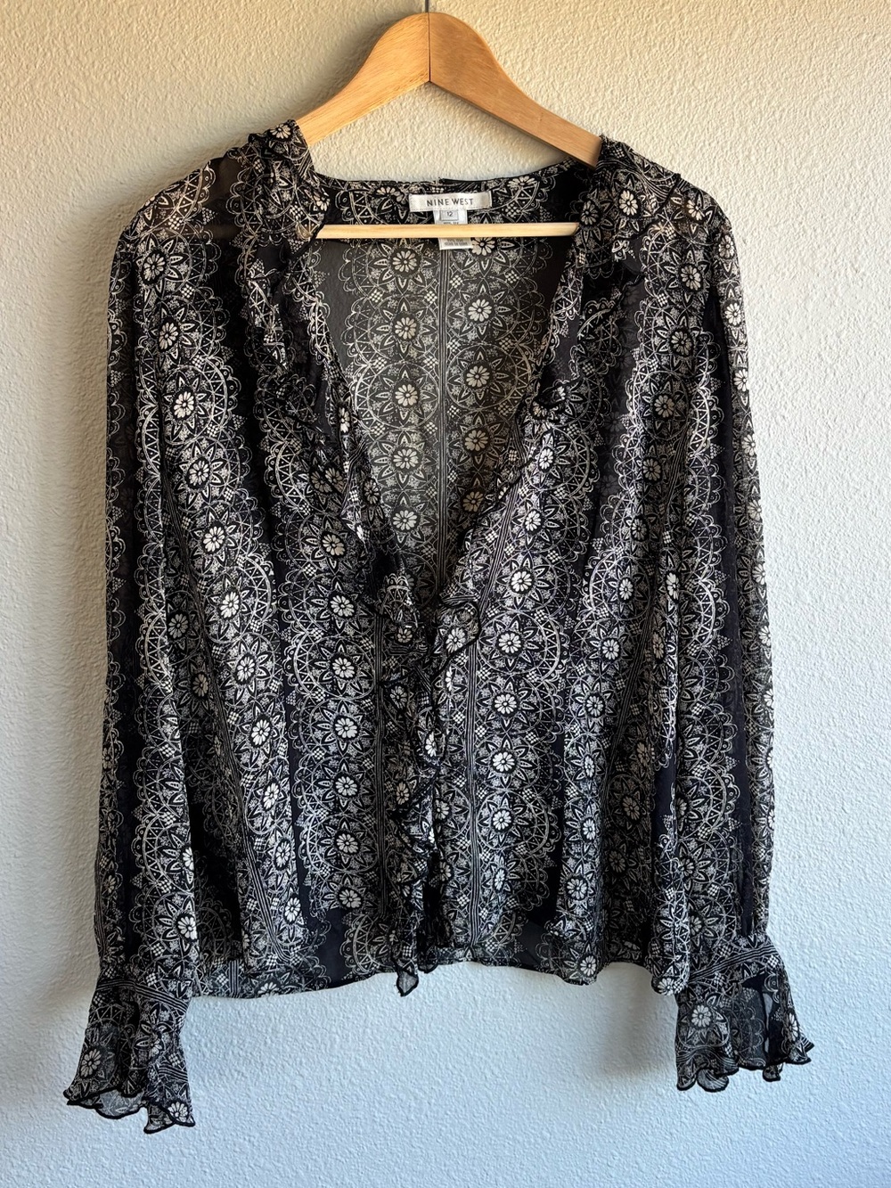 100% Silk Nine West Black Sheer Blouse
